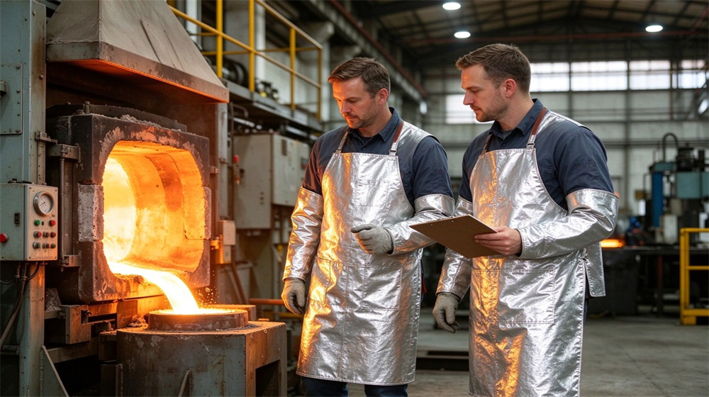 Overhead view of heavy duty protective heat resistant apron arm guards, Aluminum smelting workers with heat resistant aprons inspecting furnace line, furnace apron, demonstrating professional application use in industrial safety environment, designed for wholesale bulk supply and industrial safety procurement.