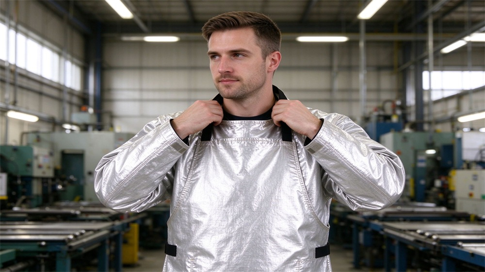 Wide shot of heavy duty protective heat resistant apron arm guards, Heat resistant apron edge stitching and black tie detail on aluminum foil, demonstrating professional info use in industrial safety environment, designed for wholesale bulk supply and industrial safety procurement.