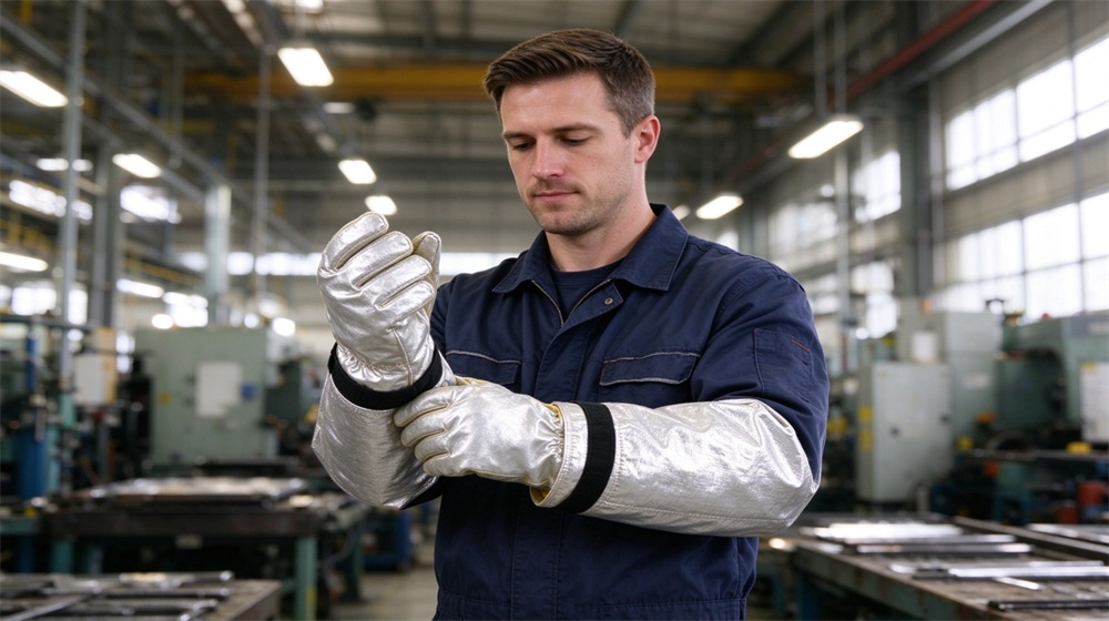 Macro detail of heavy duty protective heat resistant apron arm guards, Worker adjusting neck strap of aluminum foil heat resistant apron in workshop,, demonstrating professional application use in industrial safety environment, designed for wholesale bulk supply and industrial safety procurement.