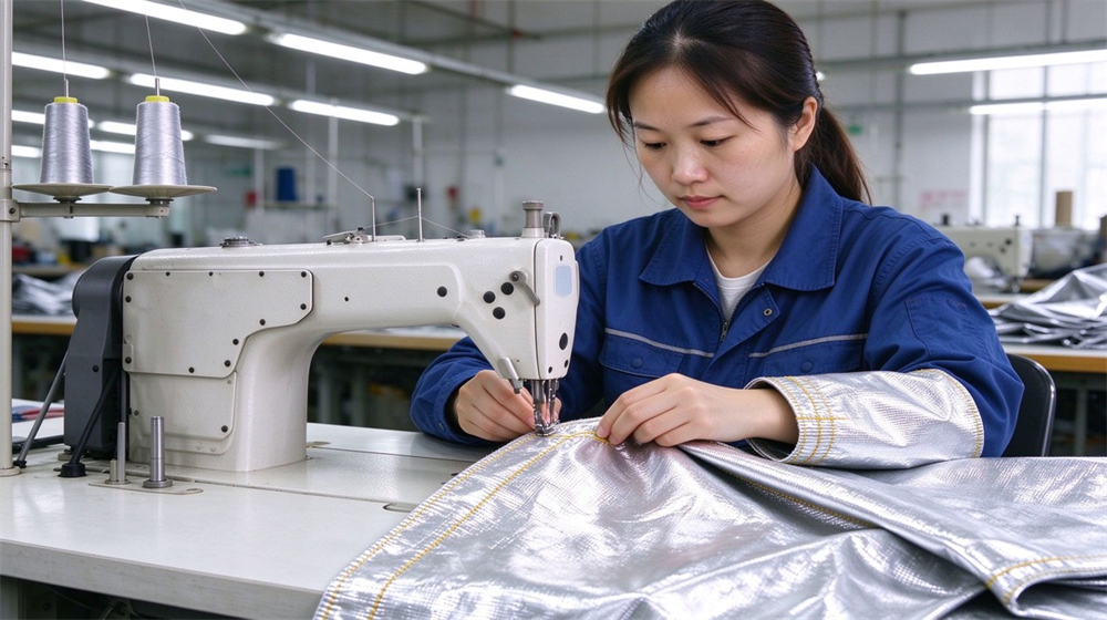 Front view of heavy duty protective heat resistant apron arm guards, Worker wearing aluminum foil arm guard and heat resistant glove adjusting cuff,, demonstrating professional application use in industrial safety environment, designed for wholesale bulk supply and industrial safety procurement.