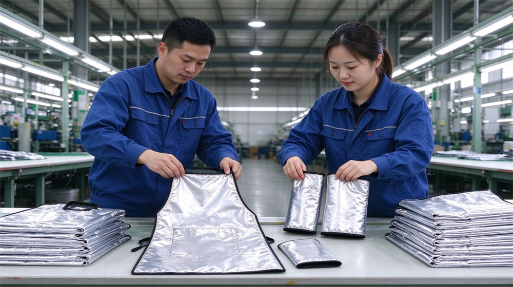Close up detail of heavy duty protective heat resistant apron arm guards, Asian workers quality checking aluminum foil aprons and arm guards at worktable,, demonstrating professional application use in industrial safety environment, designed for wholesale bulk supply and industrial safety