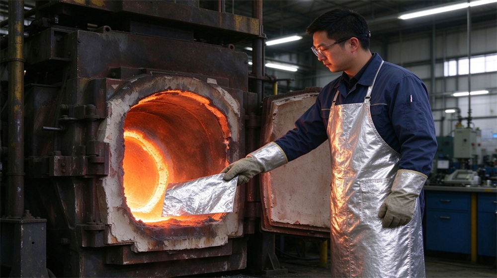 45 degree angle of heavy duty protective heat resistant apron arm guards, Worker loading aluminum foil apron sample into high temperature furnace for heat, demonstrating professional application use in industrial safety environment, designed for wholesale bulk supply and industrial safety