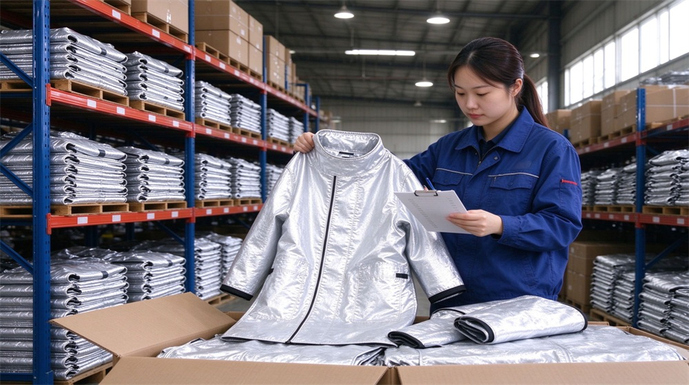 Overhead view of heavy duty protective heat resistant apron arm guards, Asian worker checking aluminum foil apron inventory in warehouse for pending orders,, demonstrating professional application use in industrial safety environment, designed for wholesale bulk supply and industrial safety procurement.
