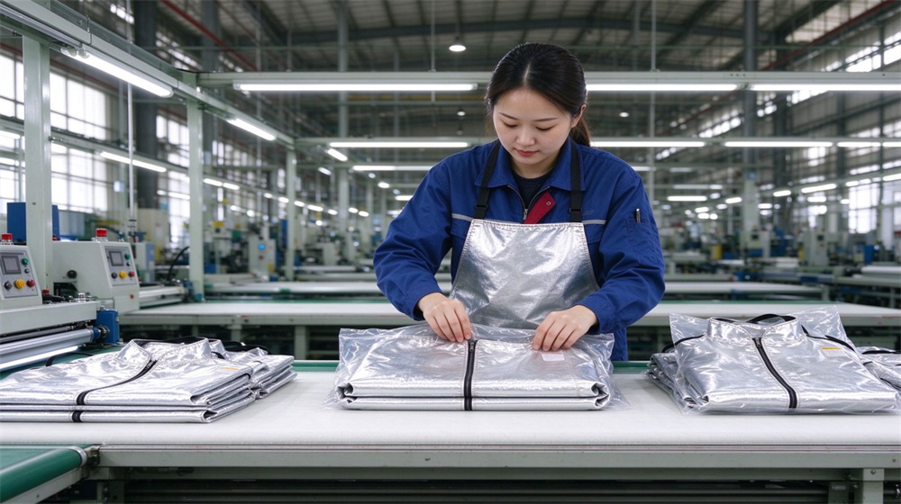 Wide shot of heavy duty protective heat resistant apron arm guards, Asian worker folding and packing aluminum foil aprons for shipment, heat resistant, demonstrating professional application use in industrial safety environment, designed for wholesale bulk supply and industrial safety procurement.