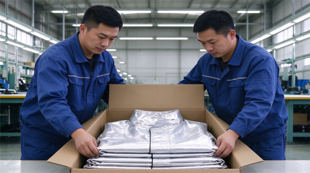 Macro detail of heavy duty protective heat resistant apron arm guards, Asian workers packing heat resistant apron and arm guard kits into export, demonstrating professional application use in industrial safety environment, designed for wholesale bulk supply and industrial safety procurement.