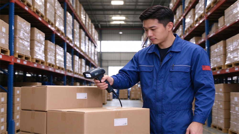 Front view of heavy duty protective heat resistant apron arm guards, Asian worker scanning barcode on aluminum foil apron cartons in warehouse for, demonstrating professional application use in industrial safety environment, designed for wholesale bulk supply and industrial safety procurement.