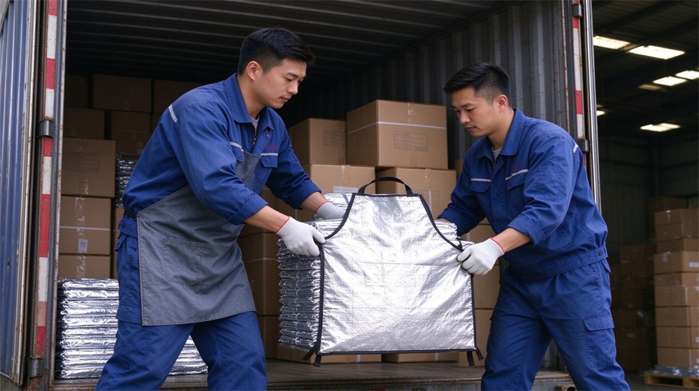 Side angle of heavy duty protective heat resistant apron arm guards, Asian workers loading aluminum foil apron cartons into a container truck, wholesale, demonstrating professional application use in industrial safety environment, designed for wholesale bulk supply and industrial safety procurement.