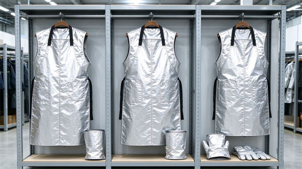 Aerial perspective of heavy duty protective heat resistant apron arm guards, Showroom rack displaying aluminum foil aprons with arm guards on hangers, furnace, demonstrating professional application use in industrial safety environment, designed for wholesale bulk supply and industrial safety procurement.