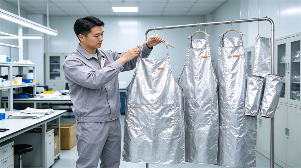 Close up detail of heavy duty protective heat resistant apron arm guards, Asian worker hanging aluminum foil aprons to dry after cleaning, heat resistant, demonstrating professional application use in industrial safety environment, designed for wholesale bulk supply and industrial safety