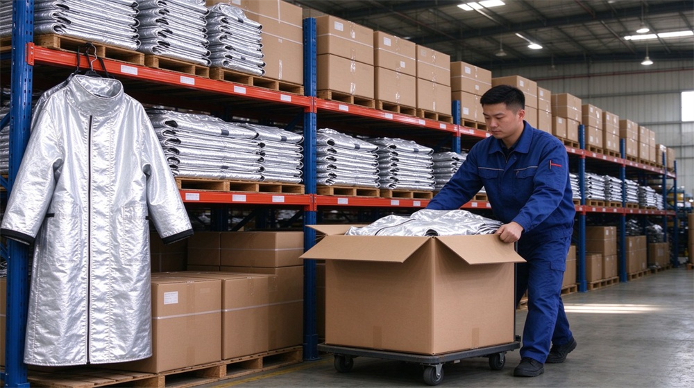 Overhead view of heavy duty protective heat resistant apron arm guards, Asian worker storing aluminum foil apron cartons on warehouse shelf, wholesale heat, demonstrating professional application use in industrial safety environment, designed for wholesale bulk supply and industrial safety procurement.