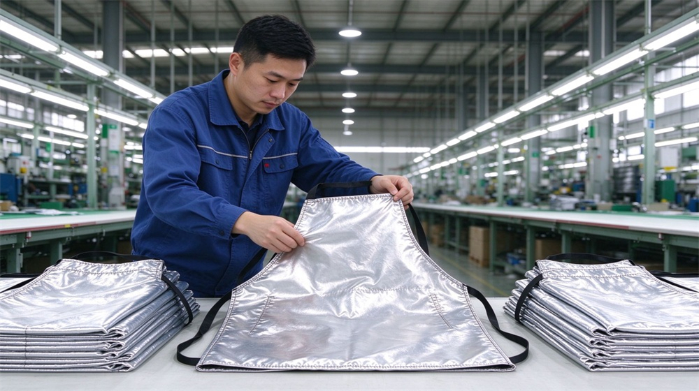 45 degree angle of heavy duty protective heat resistant apron arm guards, Asian quality inspector checking heat resistant apron stitching and black neck ties,, demonstrating professional application use in industrial safety environment, designed for wholesale bulk supply and industrial safety