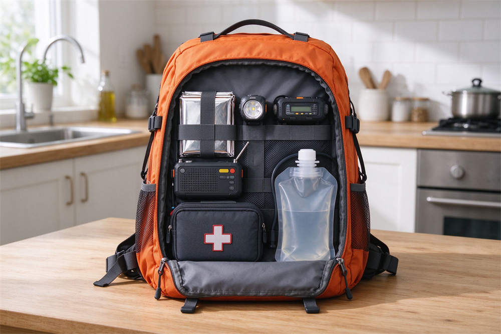 Open emergency survival kit backpack with disaster preparedness supplies including first aid, headlamp, radio, and blanket for go bag essentials