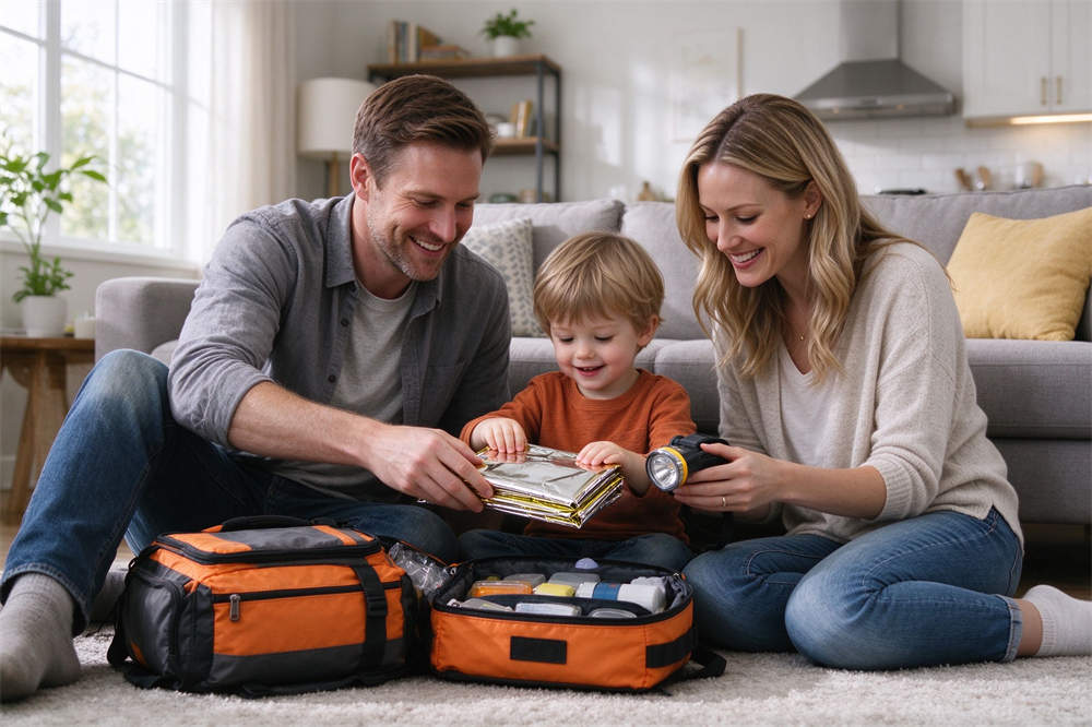 Family preparing 72 hour emergency kit checklist with disaster preparedness supplies, water storage, and go bag essentials for NGOs Family preparing 72 hour emergency kit checklist with disaster preparedness supplies, water storage, and go bag essentials for NGOs