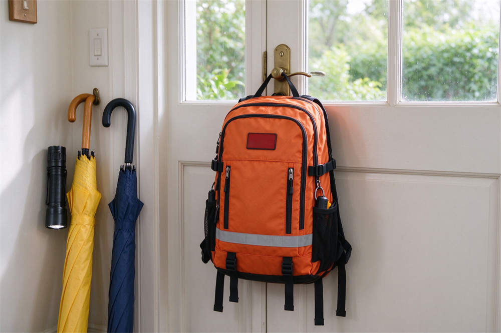Go bag essentials hanging on front door ready for evacuation, emergency survival kit supplies for quick disaster response and safety Go bag essentials hanging on front door ready for evacuation, emergency survival kit supplies for quick disaster response and safety