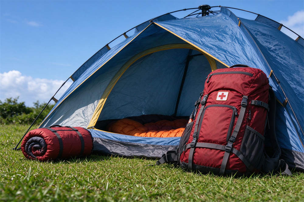 Disaster preparedness camping scene with tent, emergency backpack, and sleeping bag, demonstrating go bag essentials for outdoor survival Disaster preparedness camping scene with tent, emergency backpack, and sleeping bag, demonstrating go bag essentials for outdoor survival