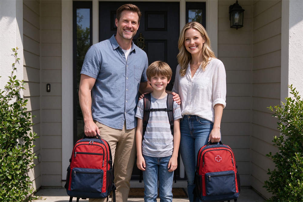 Family evacuation ready to go with emergency go bags, disaster preparedness plan and emergency survival kit supplies for family safety