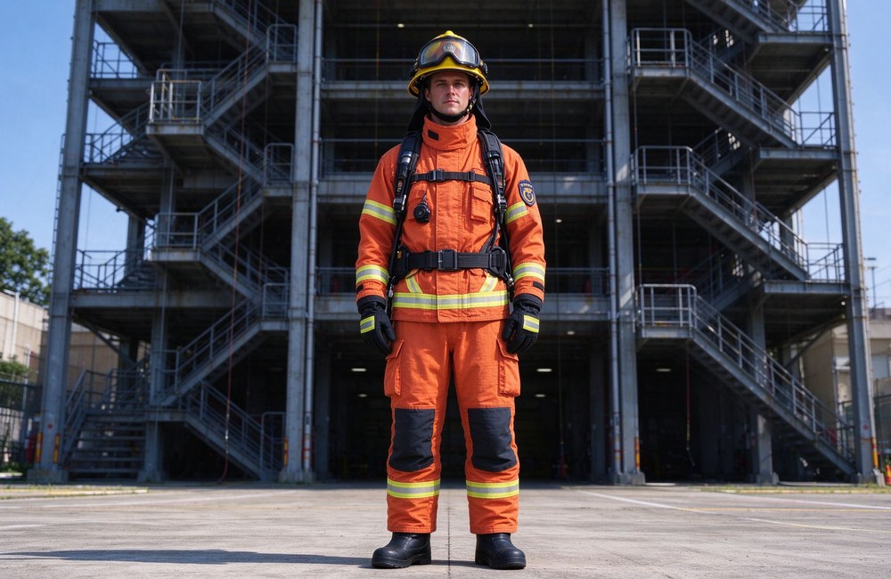 Full body shot of a Western firefighter in orange turnout gear standing squarely before a concrete training tower, wearing a yellow structural fire helmet with goggles up, blue sky