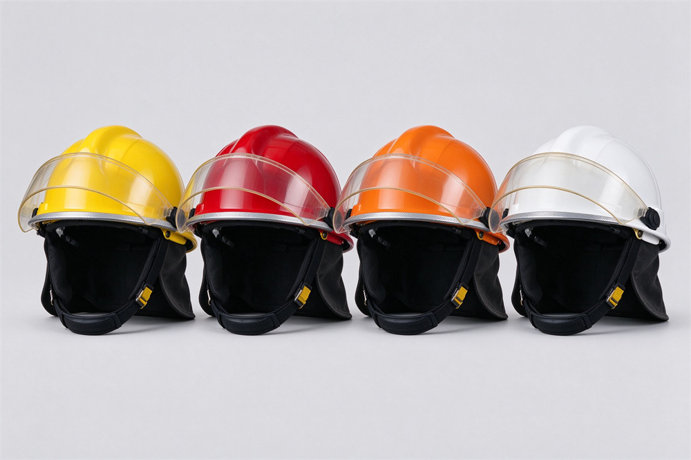 Studio product lineup of four structural fire helmets in red yellow blue and white standing in a row on a clean light gray background, clear visors flipped up, four-point suspension visible