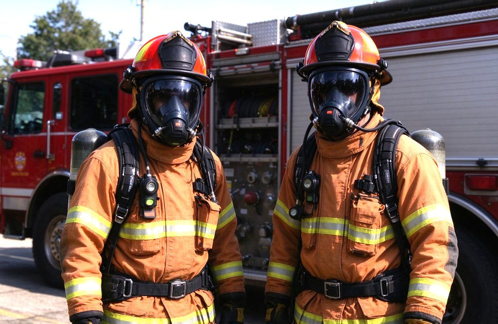 Side-by-side shot of two Western firefighters in orange turnout gear wearing red structural fire helmets with dark smoked visors, standing beside a red fire truck on a sunny station yard