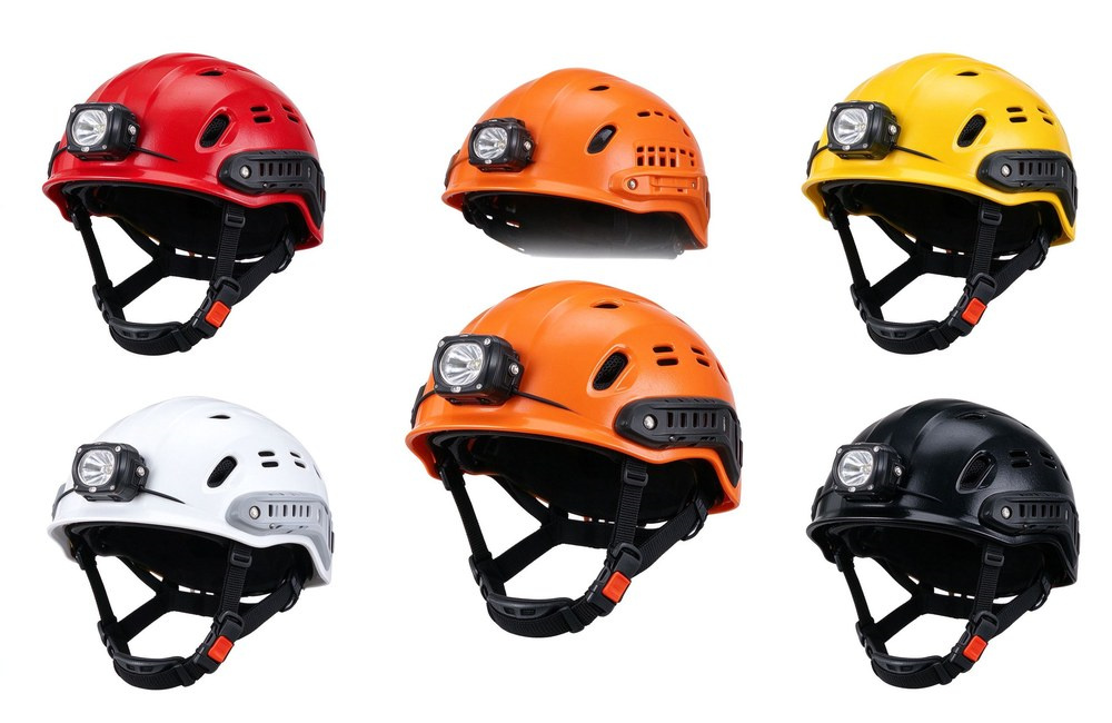 Product lineup of six rescue-style fire helmets in red orange yellow white black and blue arranged in two rows, each fitted with a small LED headlamp and adjustable Y chin strap