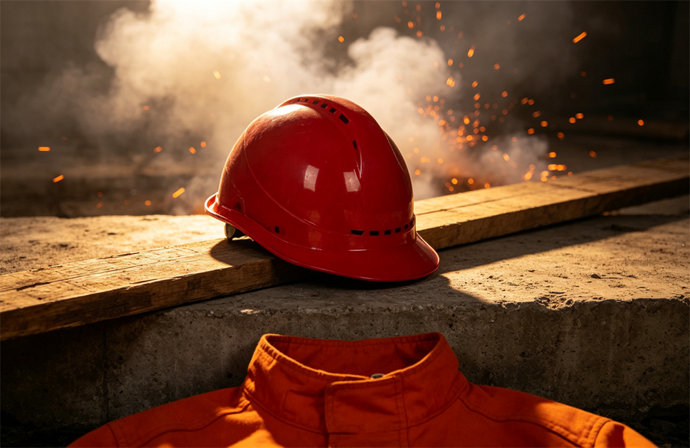 Close-up side view of a bright red structural fire helmet resting on a concrete beam as simulated falling debris strikes, orange turnout collar visible, backlit smoke and sparks behind