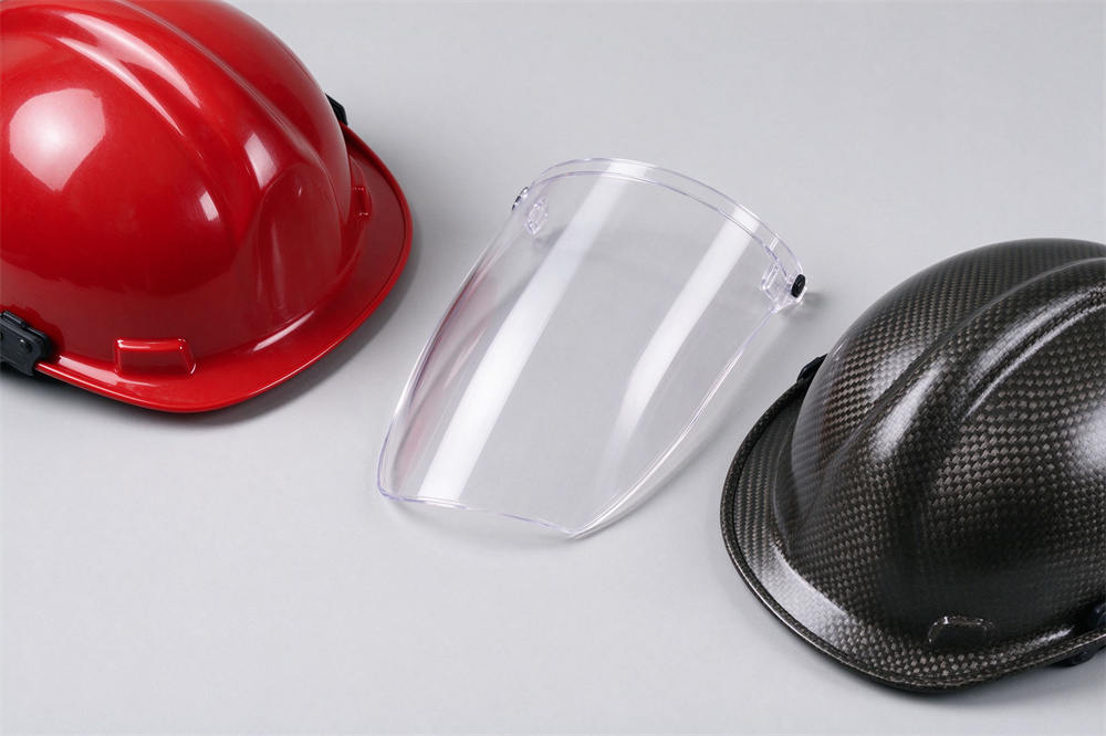 Overhead flat lay of three shell material samples on light gray: a glossy red ABS block, a translucent polycarbonate sheet and a woven fiberglass composite panel, clean studio lighting