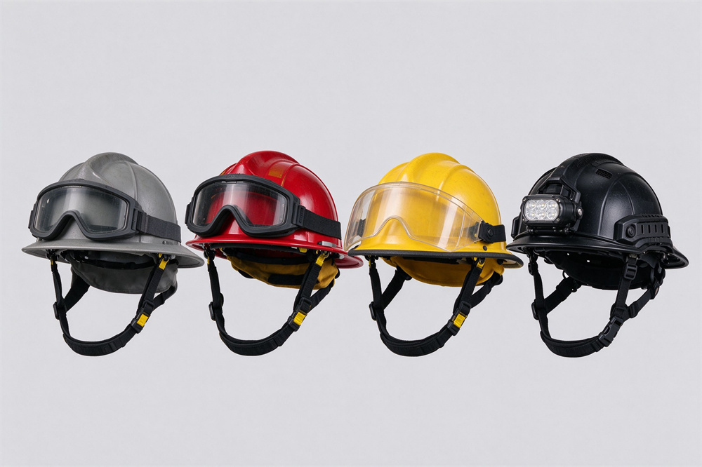 Four fire helmets arranged in a row on light gray background showing a training gray shell, a red structural helmet with goggles, a yellow vented helmet and a black rescue helmet with headlamp