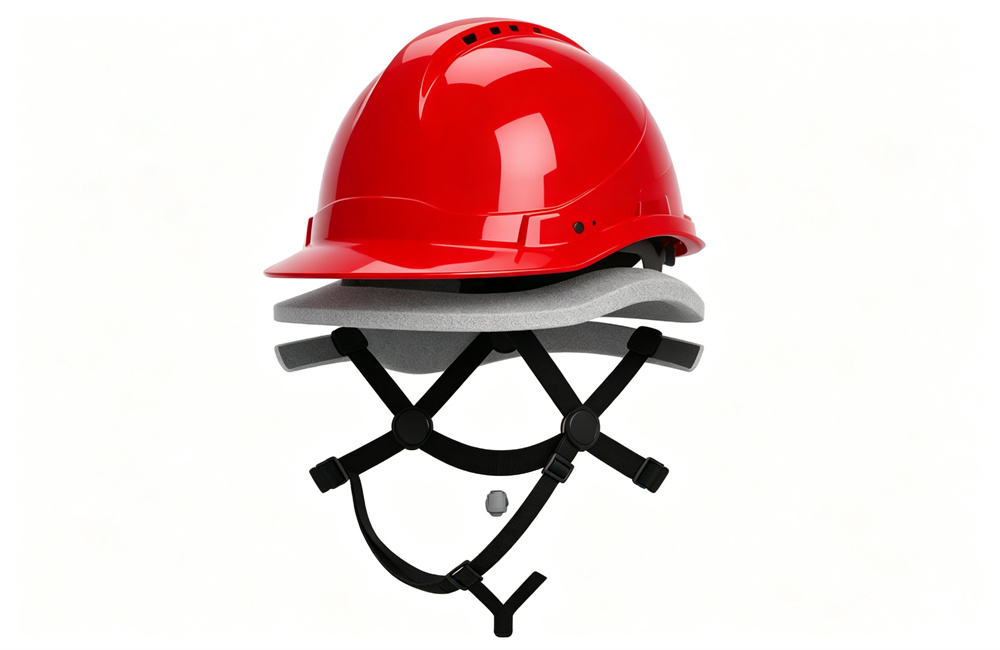 Exploded layered view of a red structural fire helmet showing the glossy outer shell, gray foam impact liner and black four-point suspension webbing separated in layers on clean white