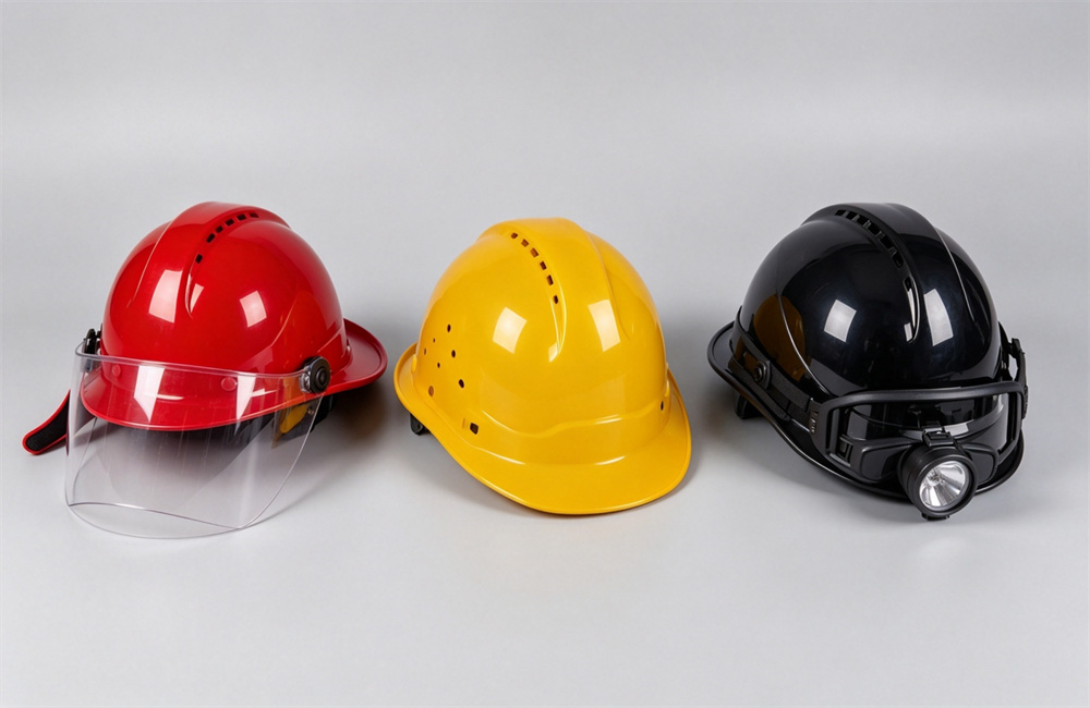 Side-by-side comparison of three fire helmets on light gray background: a red structural helmet with long rear brim and face shield, a yellow wildland vented helmet, and a black rescue helmet with headlamp clip