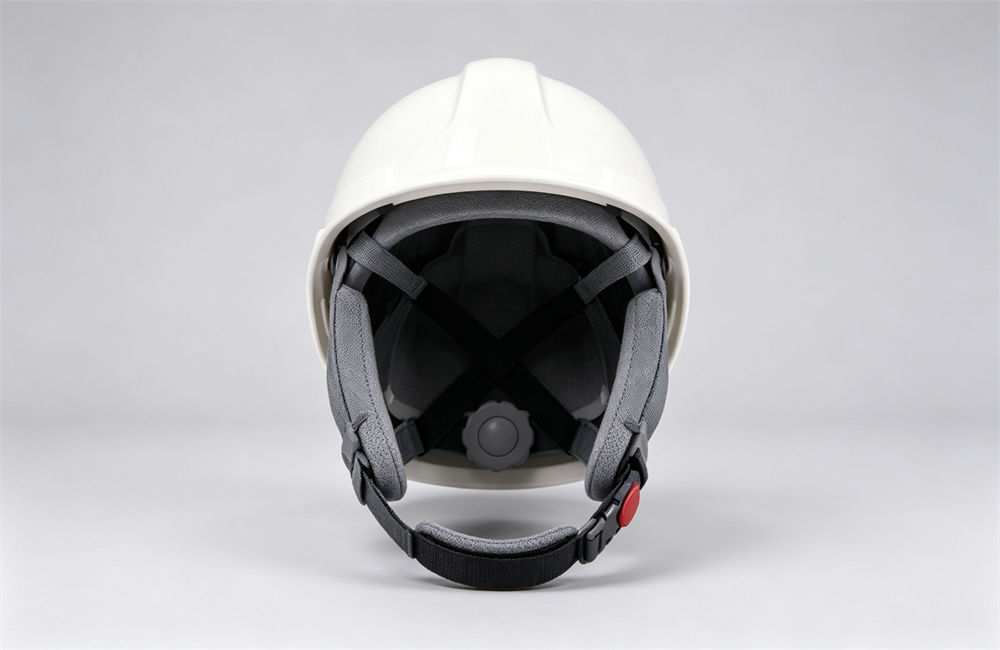 Interior rear view of a white structural fire helmet showing the gray four-point suspension webbing, rear micro-adjustment knob, Y-shaped chin strap and soft sweat band on light gray