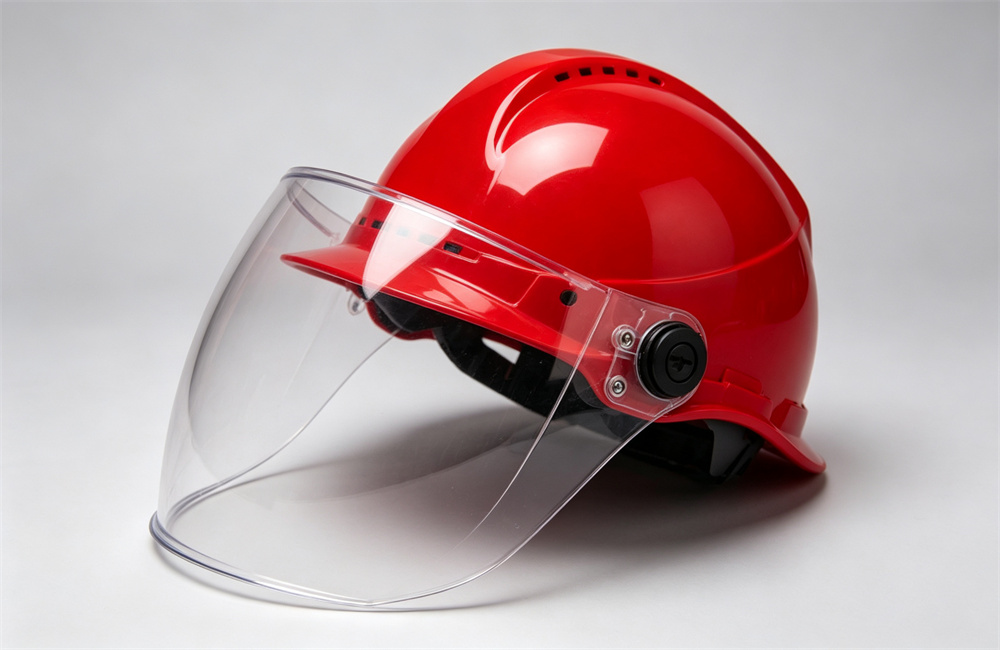 Forty-five degree close-up of a red structural fire helmet with the clear polycarbonate face shield half flipped down, showing the side pivot, anti-scratch coating and glossy shell on light gray