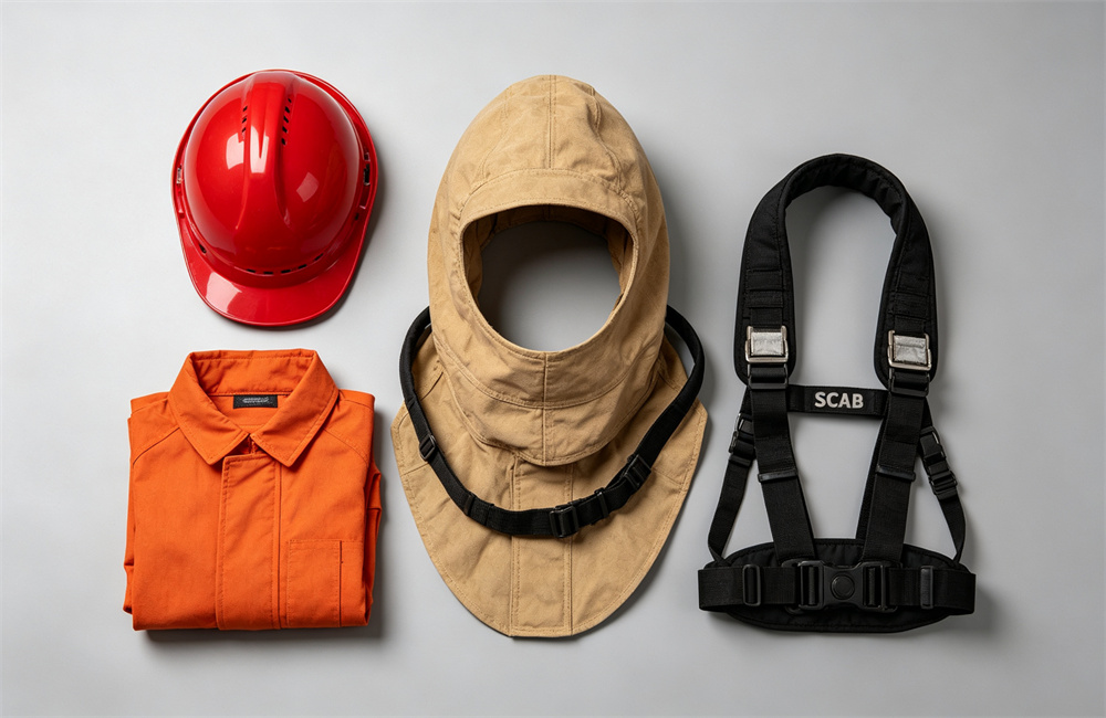 Overhead flat lay on light gray of a red structural fire helmet beside a folded orange turnout coat collar, a tan Nomex fire hood and black SCBA shoulder straps showing how the gear connects