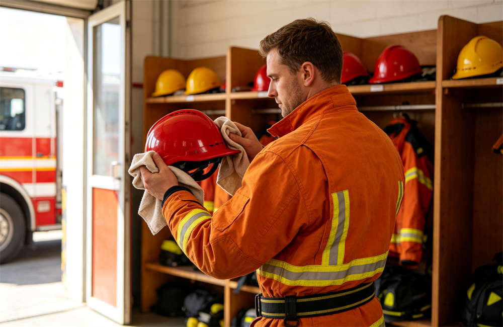 A Western firefighter in orange turnout gear wiping a red structural fire helmet with a soft cloth in a bright apparatus bay, other helmets on wooden racks behind, daylight through the door
