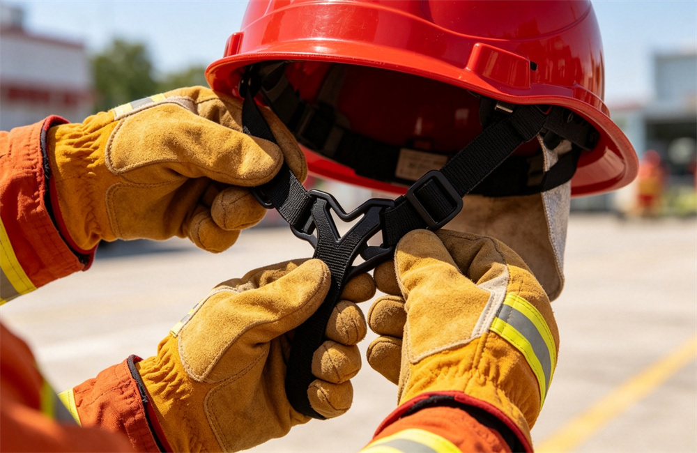 Close-up of gloved tan leather firefighter hands tightening the Y-shaped chin strap of a red structural fire helmet with a quick-release buckle, bright outdoor training ground background
