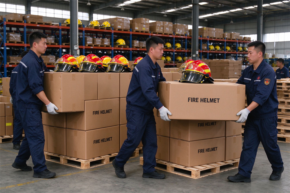 Bright warehouse packing area where workers in navy workwear stack red yellow and white fire helmet export cartons onto wooden pallets, orderly shelving and natural light behind