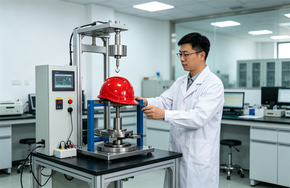 An engineer in a white lab coat operating a helmet impact test rig in a bright laboratory, a red structural fire helmet clamped under the guided falling weight, digital display beside