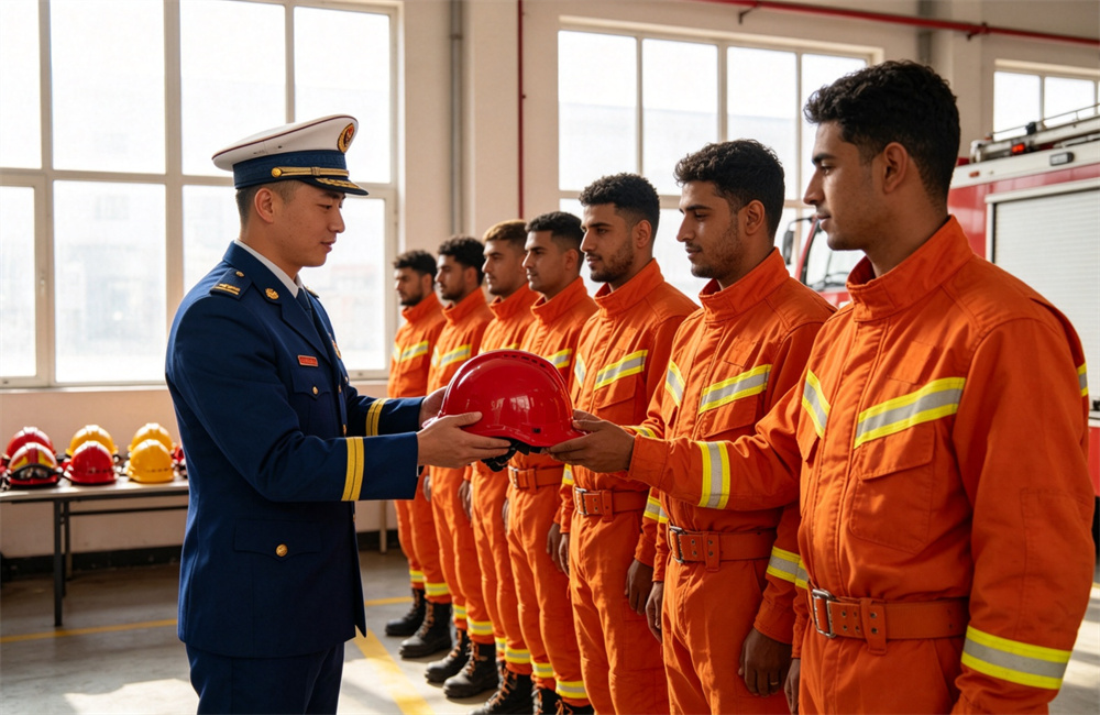 Bright apparatus bay where a uniformed officer hands a red structural fire helmet to a line of Western firefighters in orange turnout gear, other helmets on a table behind, natural light