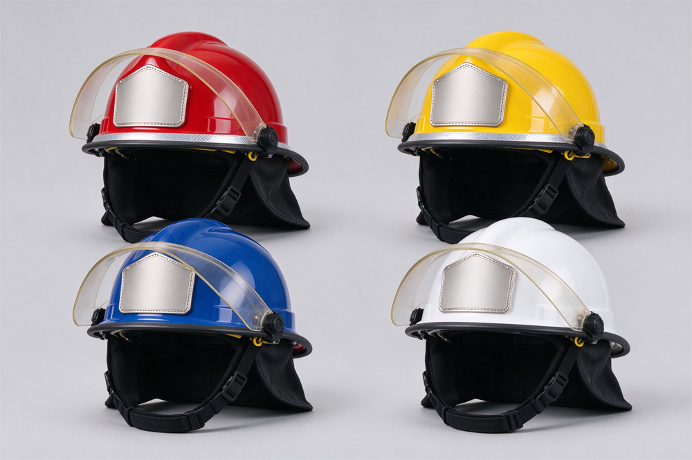 Product shot of four custom structural fire helmets in red yellow blue and white on light gray, each showing a blank crest plate on the side and silver reflective trim around the brim