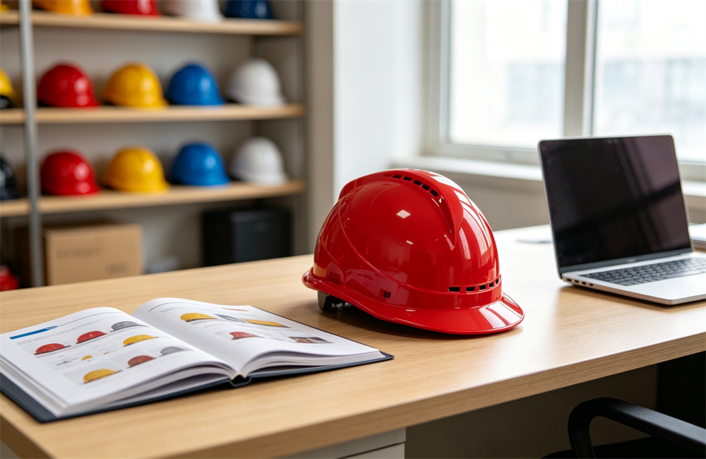 A Western firefighter in orange turnout gear sitting at a metal workbench organizing fire helmet accessories, spare visors chin straps and a red helmet on the bench, tool boards behind