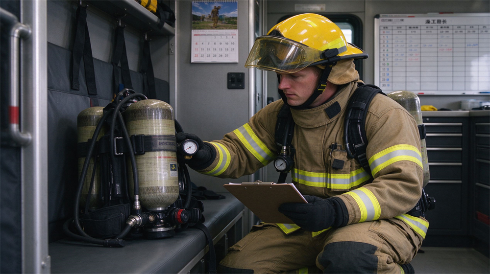 Apparatus bay scene of a Caucasian firefighter in tan turnout gear kneeling to inspect an SCBA pressure gauge with a clipboard, maintenance calendar board in soft background
