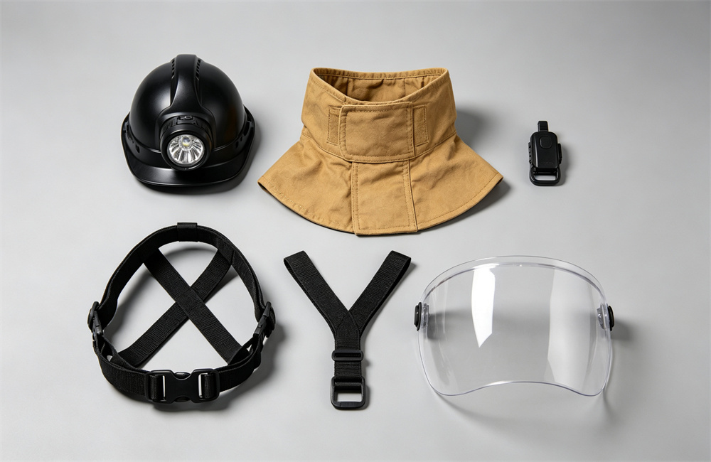 Overhead flat lay of fire helmet accessories on light gray: a black LED headlamp on a helmet, a tan Nomex neck flap, a Y-shaped spare chin strap and a clear replacement visor