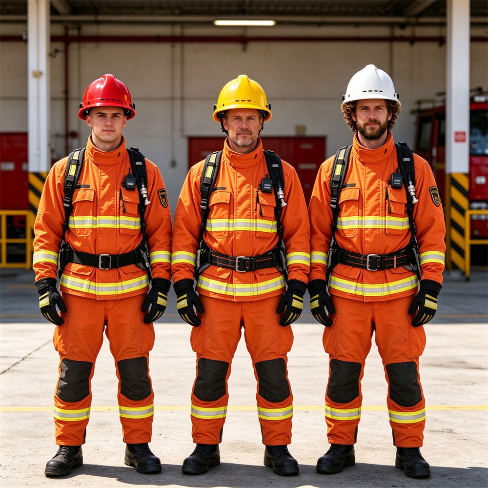 Square full-body front shot of three Western firefighters in orange turnout gear wearing red yellow and white fire helmets, three clearly different faces
