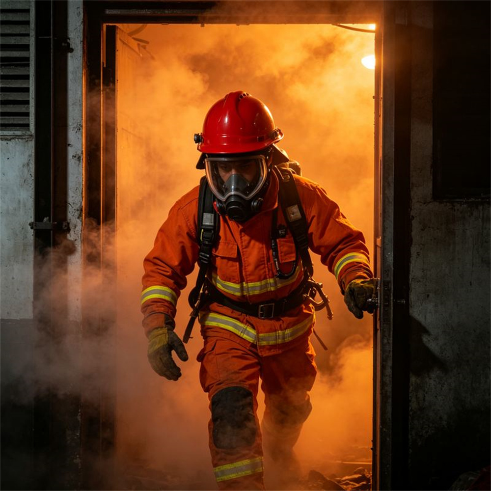 Square smoky fire scene full-body shot of a firefighter in orange turnout gear wearing a red structural helmet with dark mask