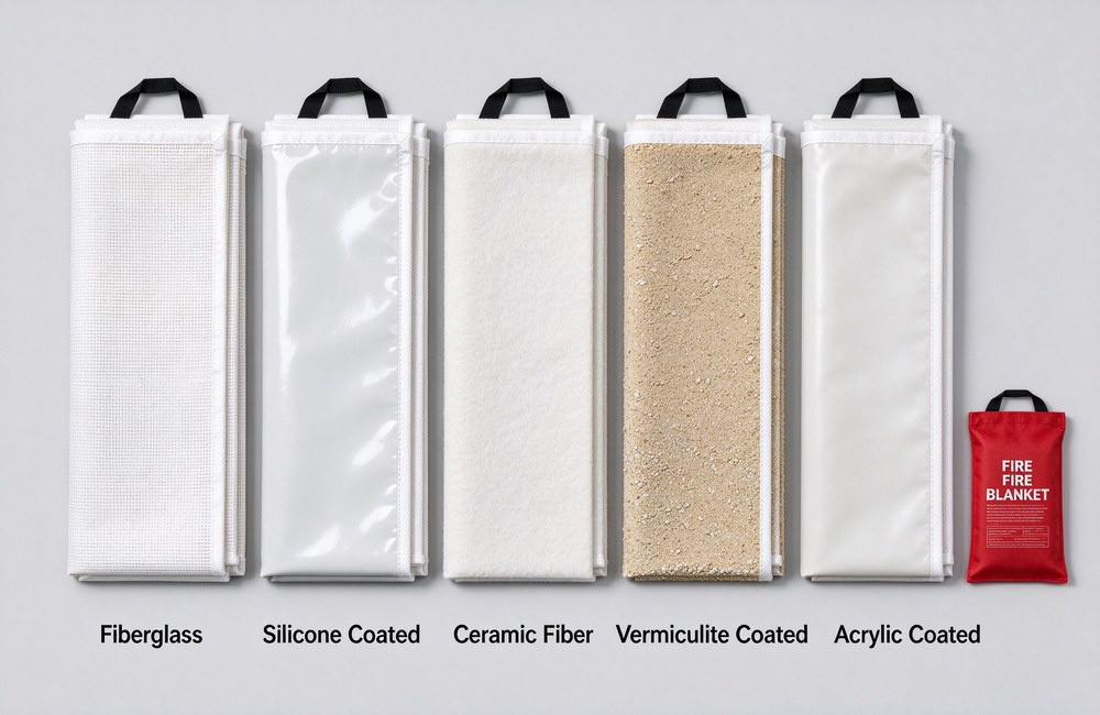 Studio lineup of five folded white fire blankets standing in a row on light gray background showing fiberglass, silicone coated, dense ceramic fiber felt, vermiculite coated and acrylic coated surfaces with English labels
