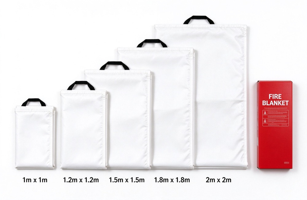 Overhead flat lay of five folded white fire blankets in graduated sizes from one meter to two meters on white background, with a red fabric pouch printed FIRE BLANKET on the right, black pull tabs on each