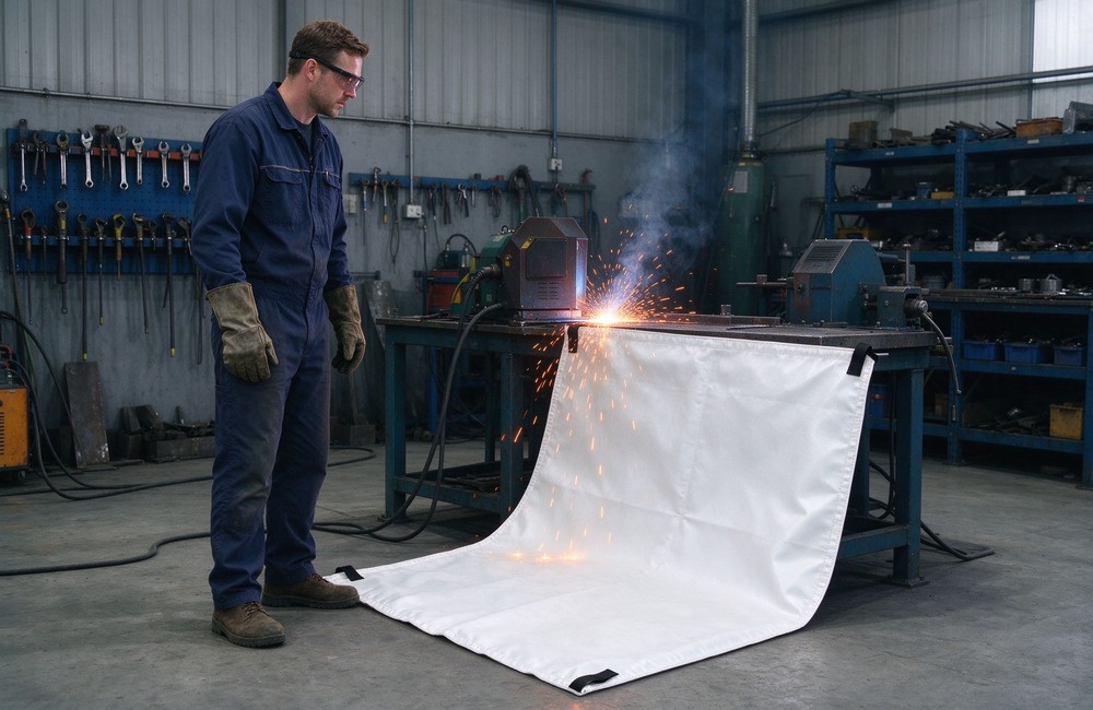 Wide shot of a Western male worker in navy coveralls and leather apron standing beside a workbench where orange welding sparks shower onto a draped white fire blanket protecting the concrete floor, gray industrial workshop