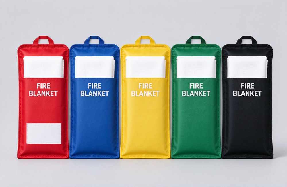 Studio product shot of five soft fabric fire blanket pouches in red, blue, yellow, green and black standing in a row on light gray background, each printed white FIRE BLANKET text with a clear window showing folded white blanket inside