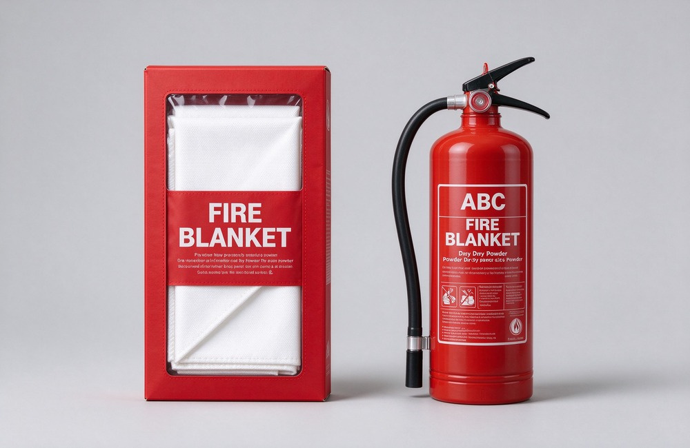 Side by side display on light gray wall of a red fabric fire blanket pouch hanging next to a red portable fire extinguisher, both mounted at standing eye level, clean indoor training room