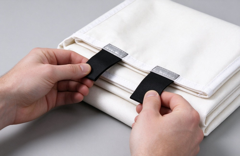 Close-up of two hands gripping black woven pull tabs sewn onto the corner of a folded white fiberglass fire blanket, white edge stitching visible, clean light gray studio background