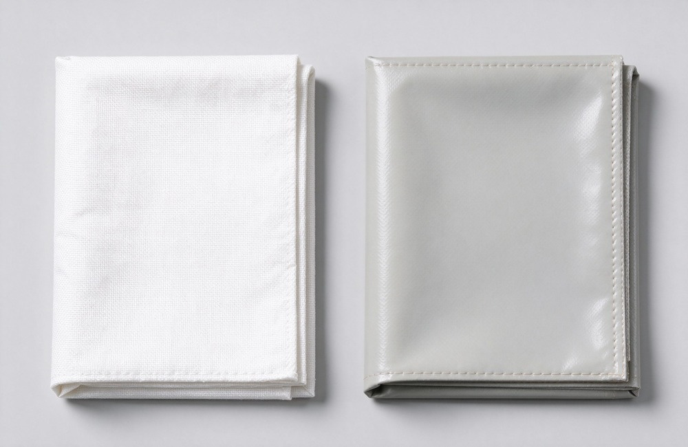 Side by side material comparison on white background, left side untreated white woven fiberglass fabric with open mesh texture, right side smooth gray silicone coated fire blanket surface, both flat samples